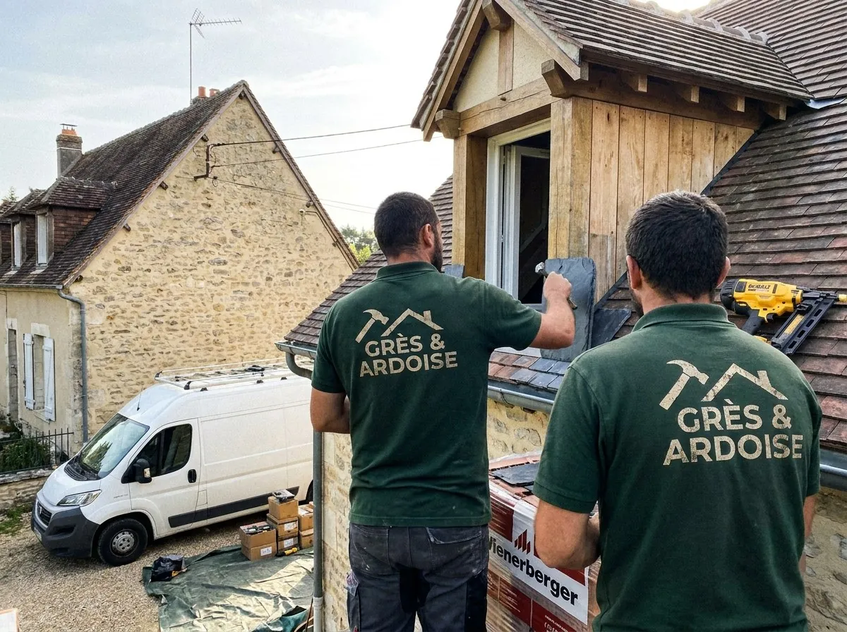 Couvreurs de Grès & Ardoise posant une ardoise de jouée sur une lucarne en chêne d'une maison ancienne de Fontainebleau