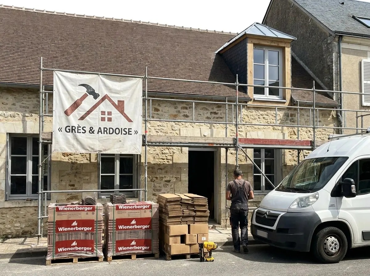 Restauration d'une toiture ancienne en tuiles plates et d'une lucarne en ardoise sur une maison en pierre à Fontainebleau, échafaudage et bâche Grès & Ardoise